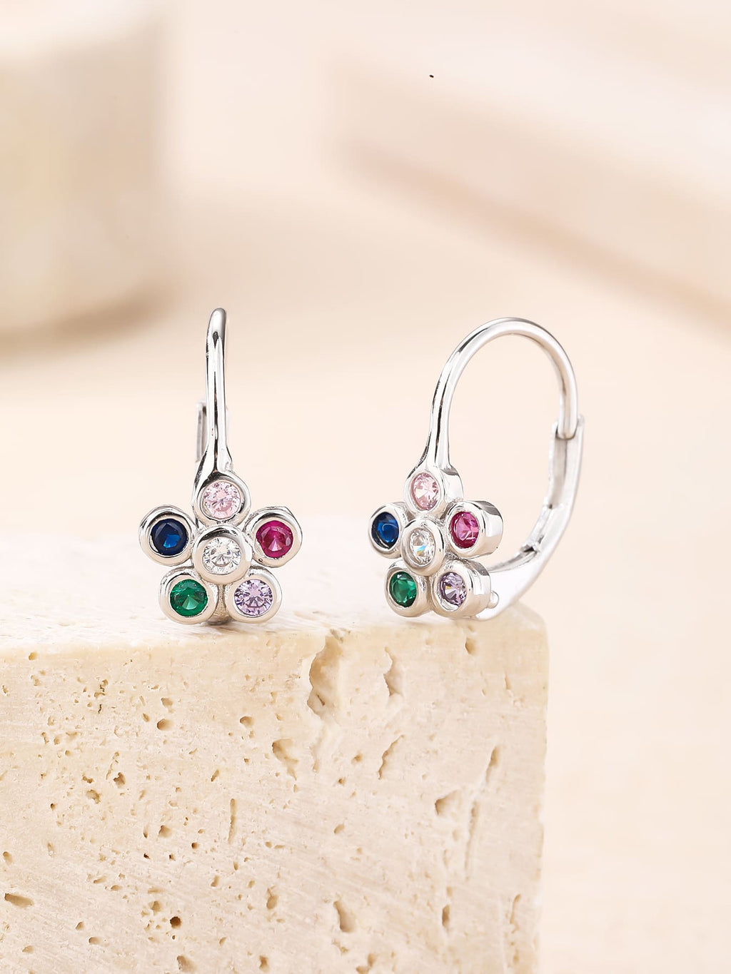 multicoloured cubic zirconia flower stud earrings in hallmarked, rhodium-plated 925 sterling silver – lifestyle view – DRESCHER Jewellery®