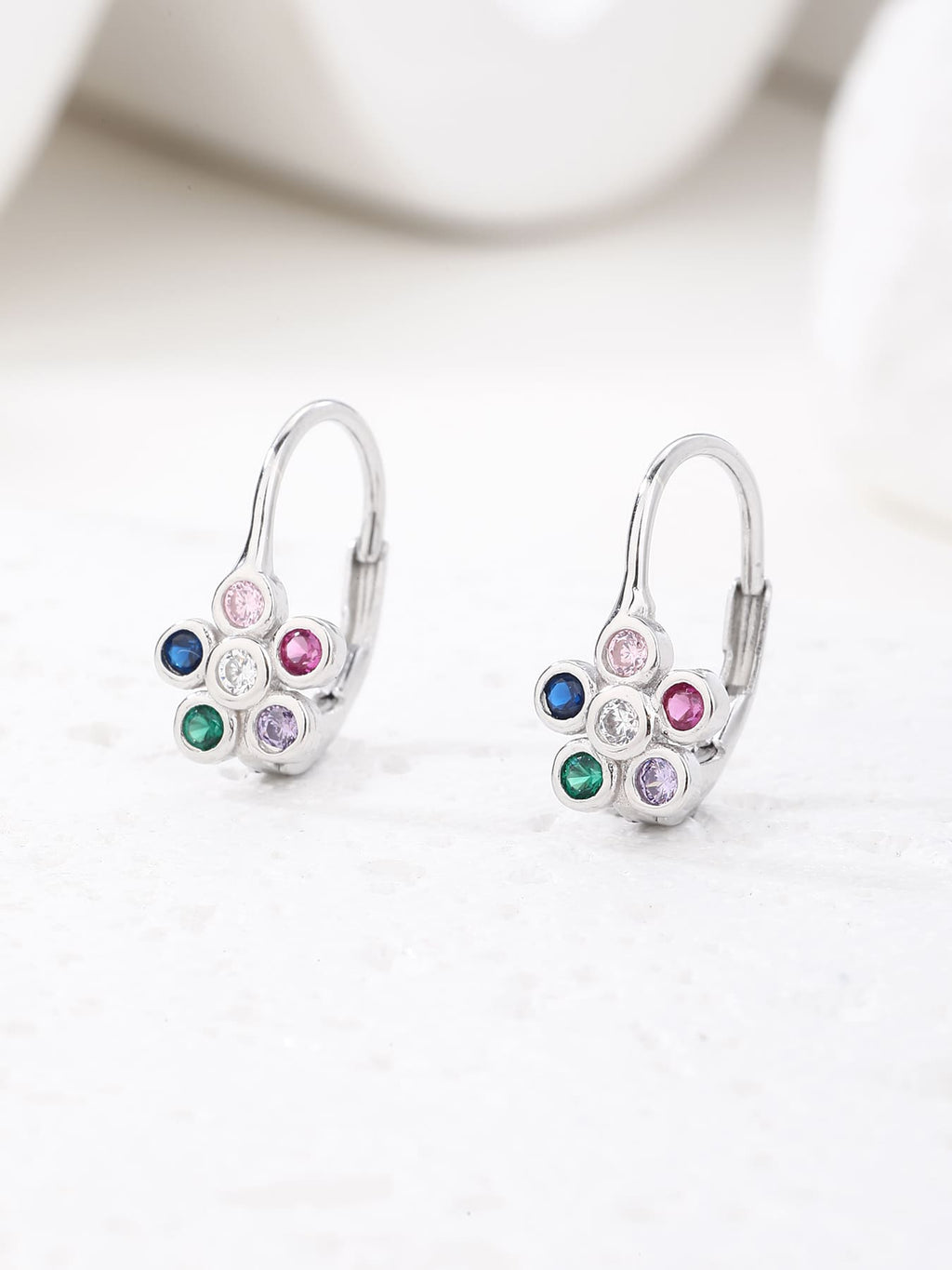 multicoloured cubic zirconia flower stud earrings in hallmarked, rhodium-plated 925 sterling silver – display view – DRESCHER Jewellery®