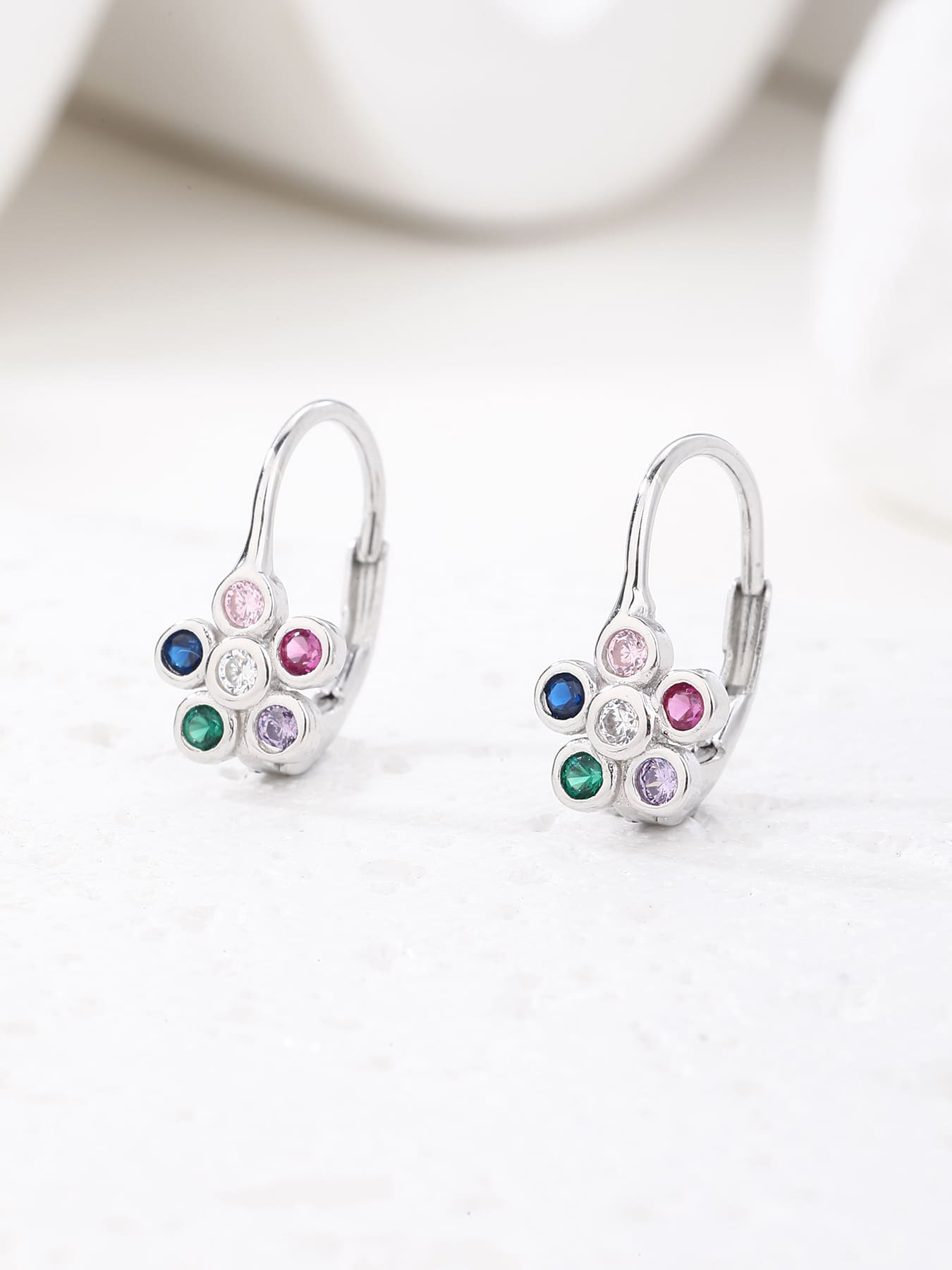 multicoloured cubic zirconia flower stud earrings in hallmarked, rhodium-plated 925 sterling silver – display view – DRESCHER Jewellery®