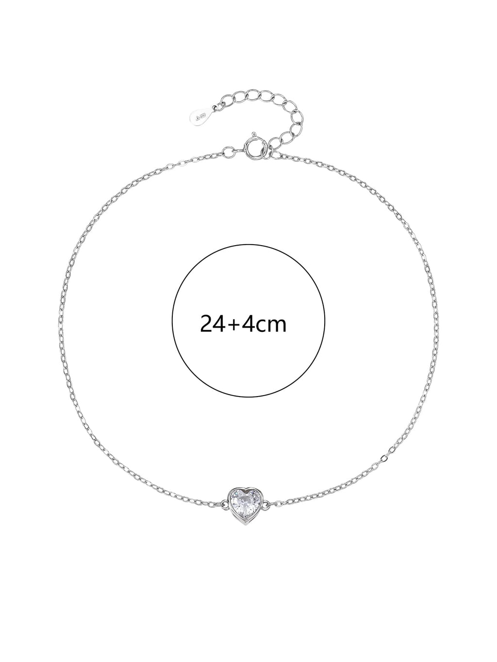 anklet with heart shaped zirconia stone in hallmarked, rhodium-plated 925 sterling silver – dimensions view – DRESCHER Jewellery®