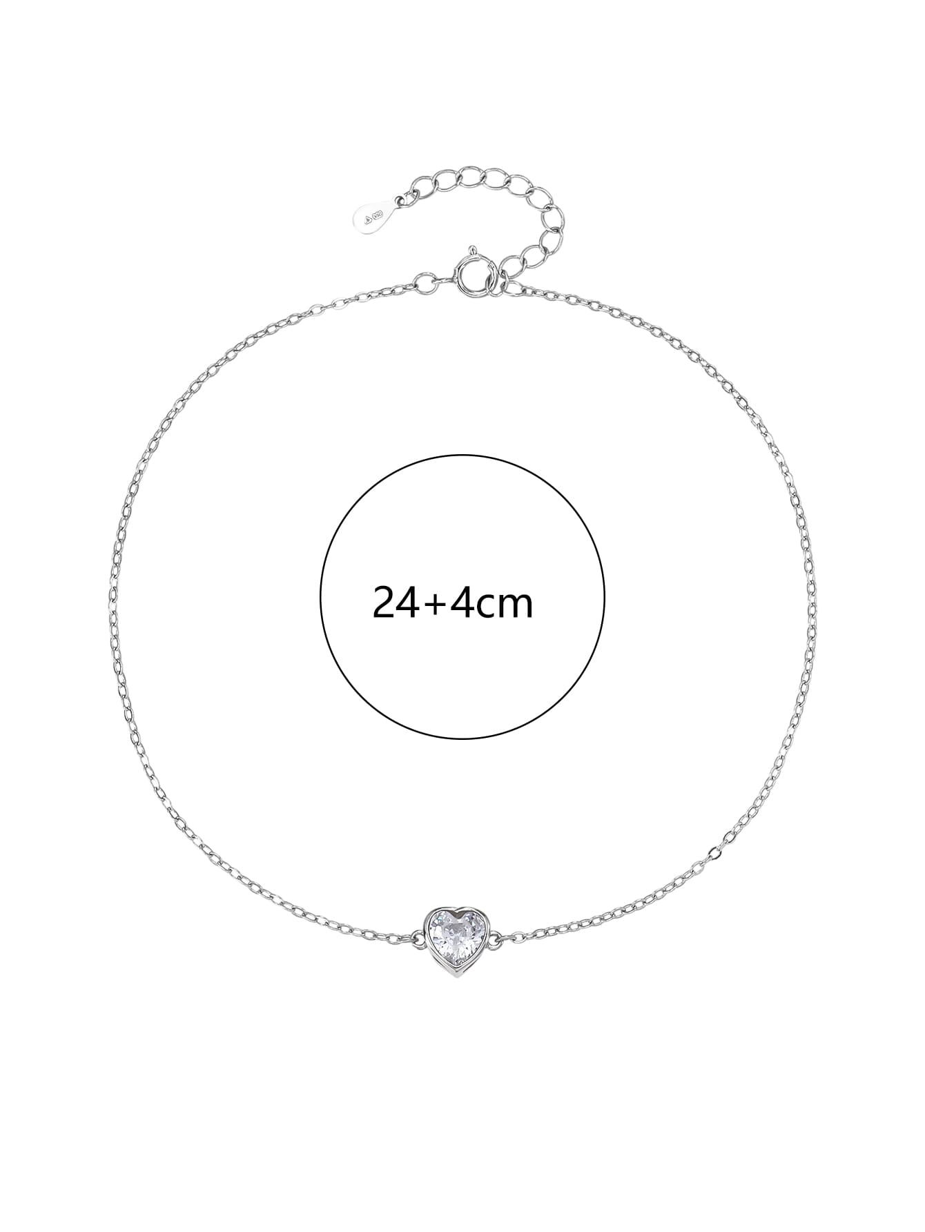 anklet with heart shaped zirconia stone in hallmarked, rhodium-plated 925 sterling silver – dimensions view – DRESCHER Jewellery®