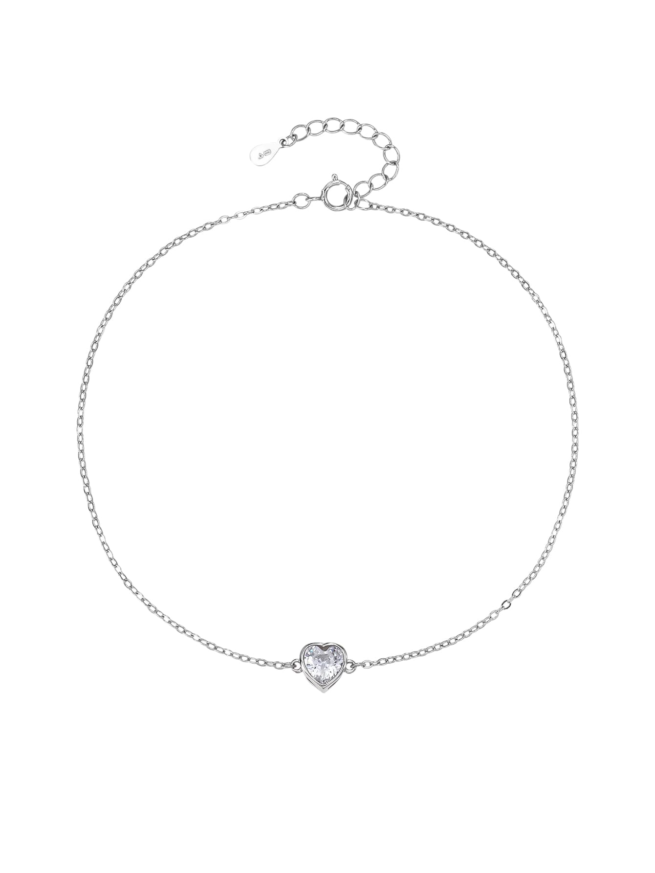 anklet with heart shaped zirconia stone in hallmarked, rhodium-plated 925 sterling silver – worn view – DRESCHER Jewellery®