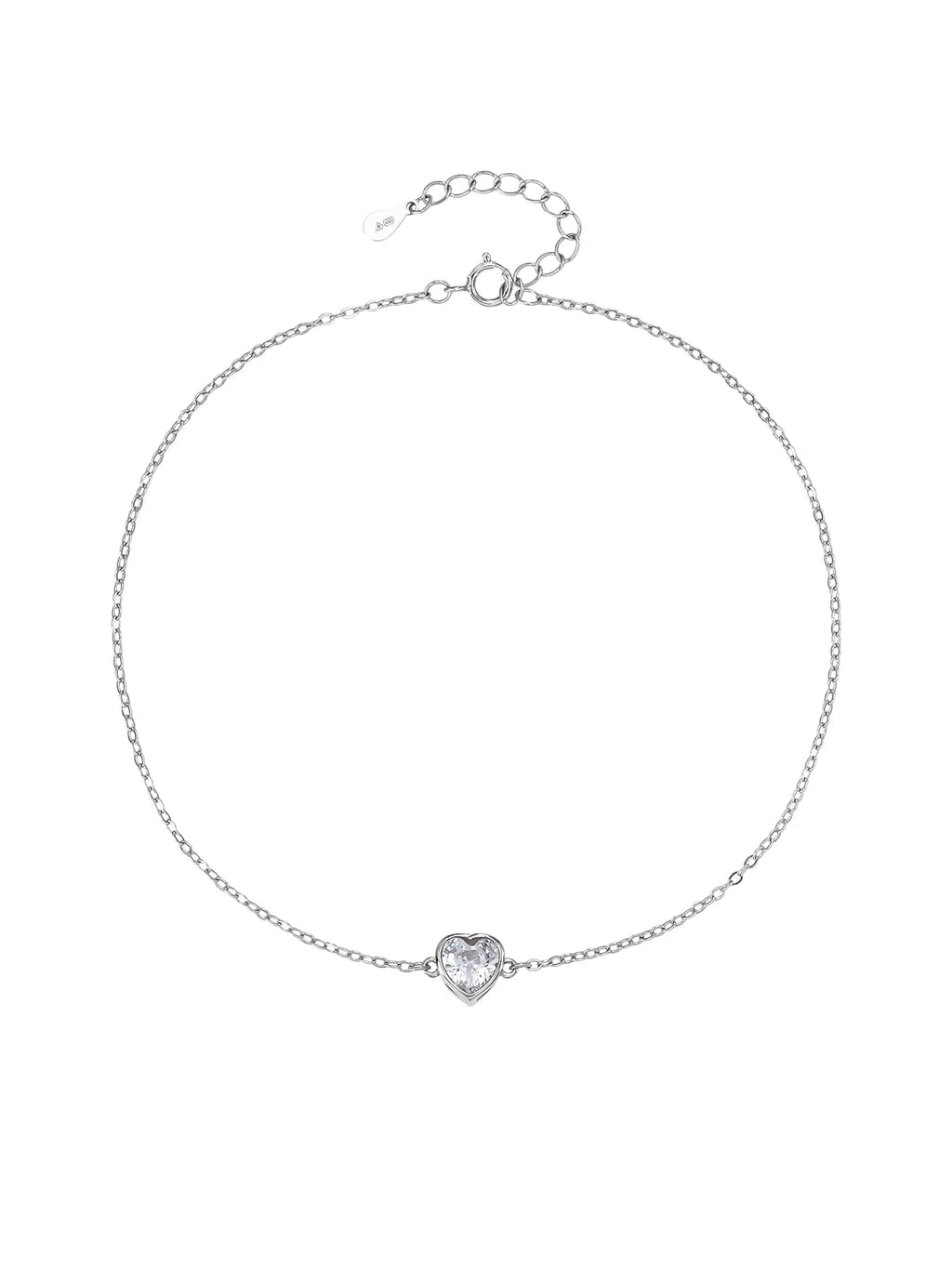 anklet with heart shaped zirconia stone in hallmarked, rhodium-plated 925 sterling silver – front view – DRESCHER Jewellery®
