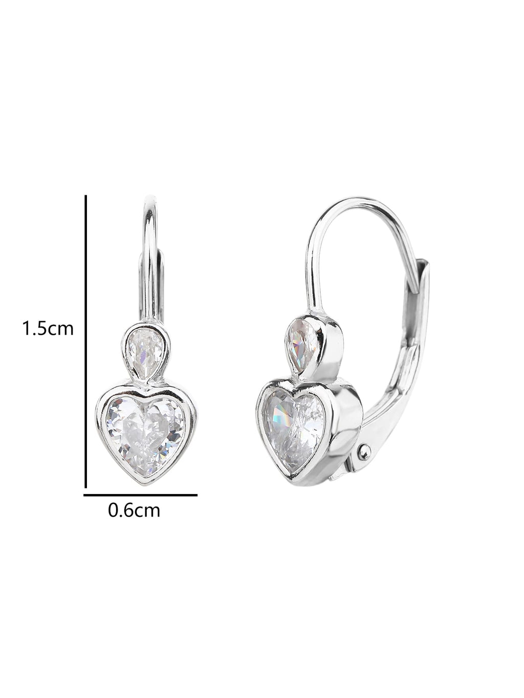 heart-shaped cubic zirconia children’s patent-closure earrings in hallmarked, rhodium-plated 925 sterling silver – dimensions – DRESCHER Jewellery®