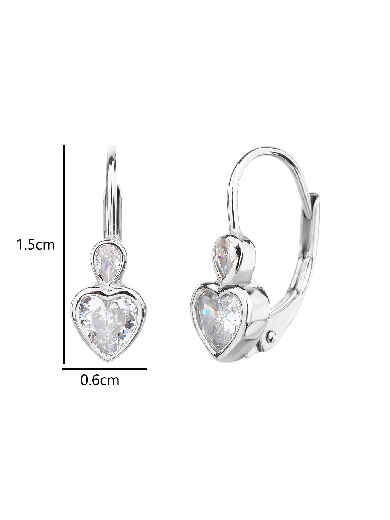 heart-shaped cubic zirconia children’s patent-closure earrings in hallmarked, rhodium-plated 925 sterling silver – dimensions – DRESCHER Jewellery®