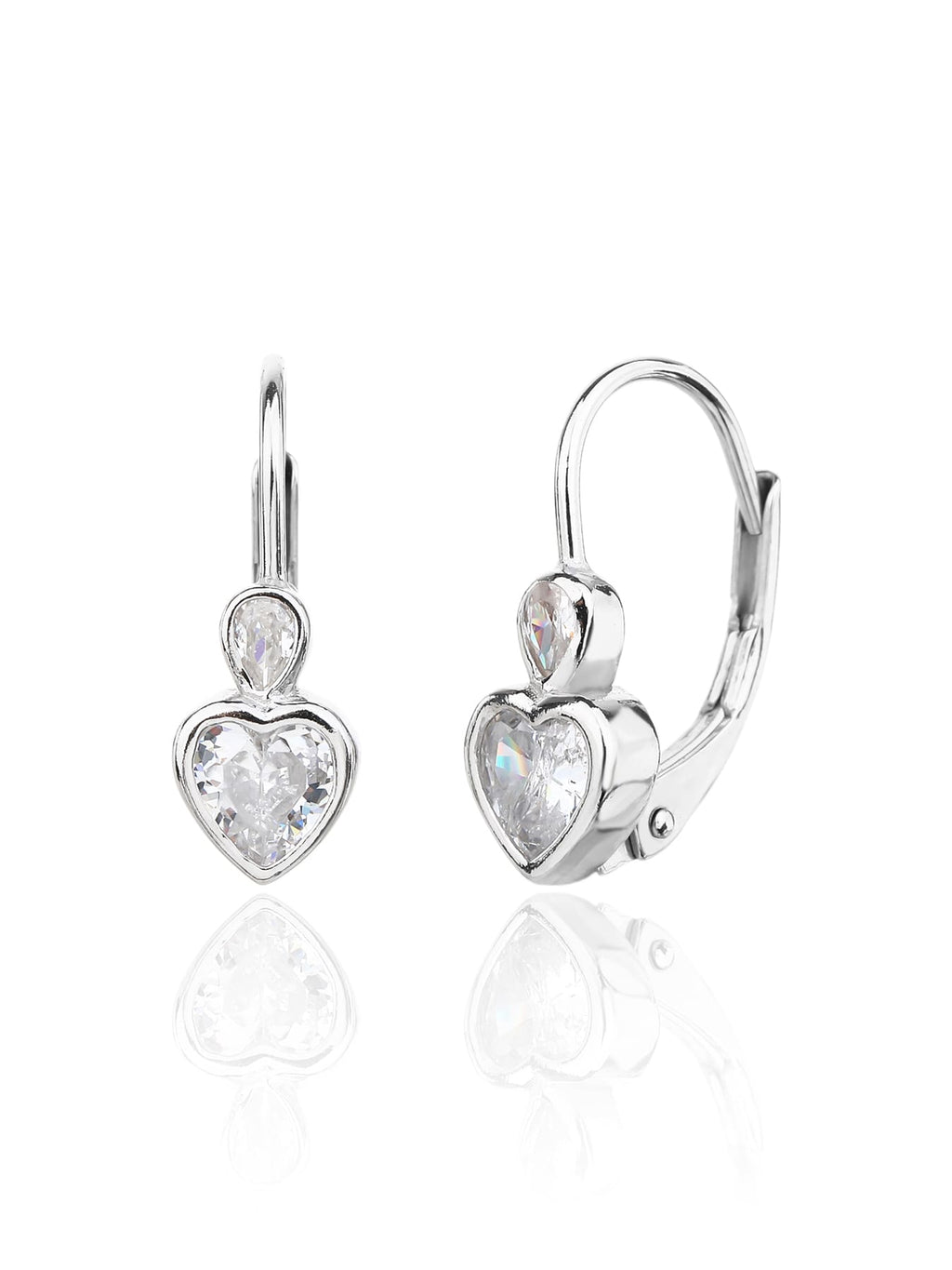 heart-shaped cubic zirconia children’s patent-closure earrings in hallmarked, rhodium-plated 925 sterling silver – front and side views – DRESCHER Jewellery®