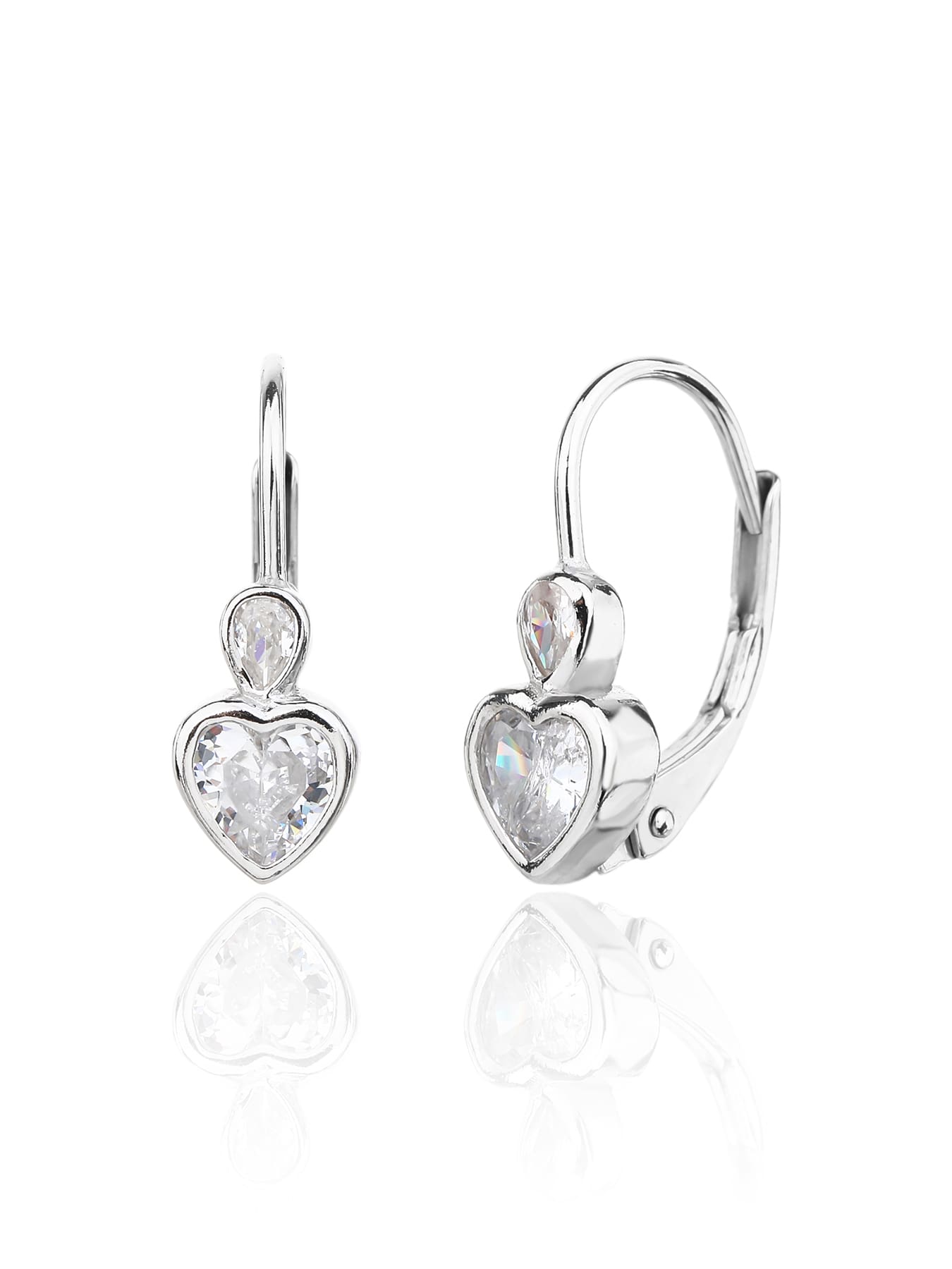 heart-shaped cubic zirconia children’s patent-closure earrings in hallmarked, rhodium-plated 925 sterling silver – front and side views – DRESCHER Jewellery®