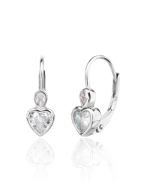 heart-shaped cubic zirconia children’s patent-closure earrings in hallmarked, rhodium-plated 925 sterling silver – front and side views – DRESCHER Jewellery®