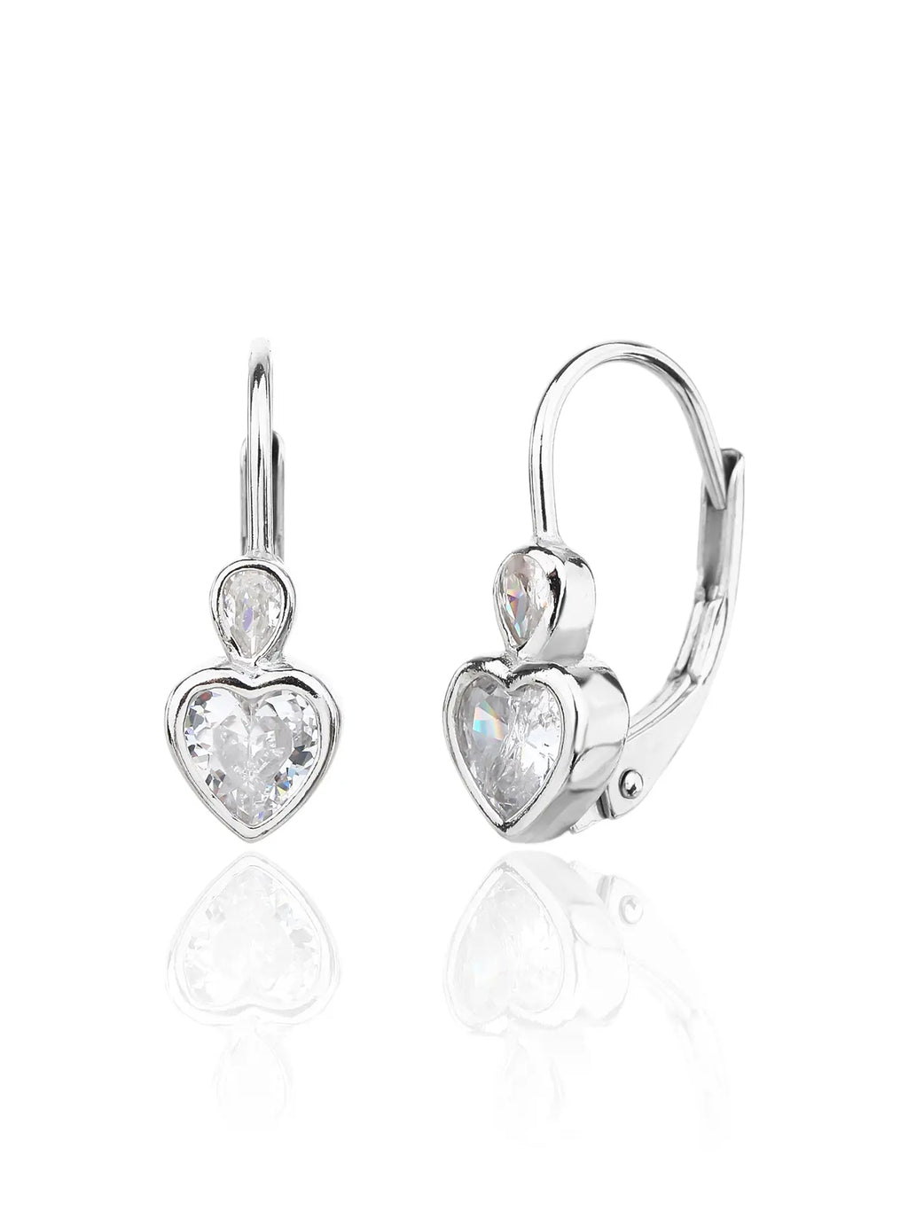 heart-shaped cubic zirconia children’s patent-closure earrings in hallmarked, rhodium-plated 925 sterling silver – front and side views – DRESCHER Jewellery®