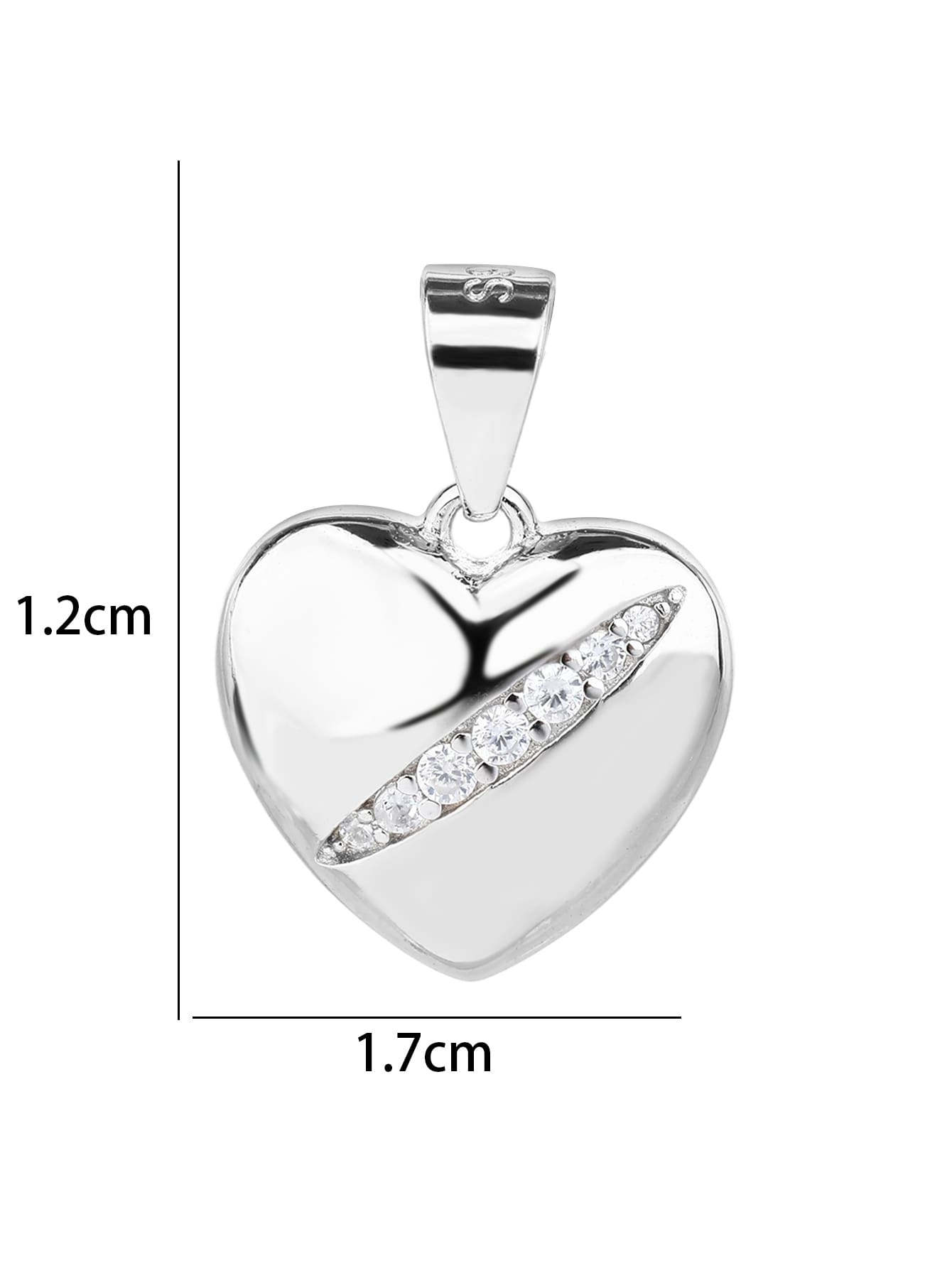 Heart pendant with zirconia in hallmarked, rhodium-plated 925 sterling silver – dimensions view – DRESCHER Jewellery®
