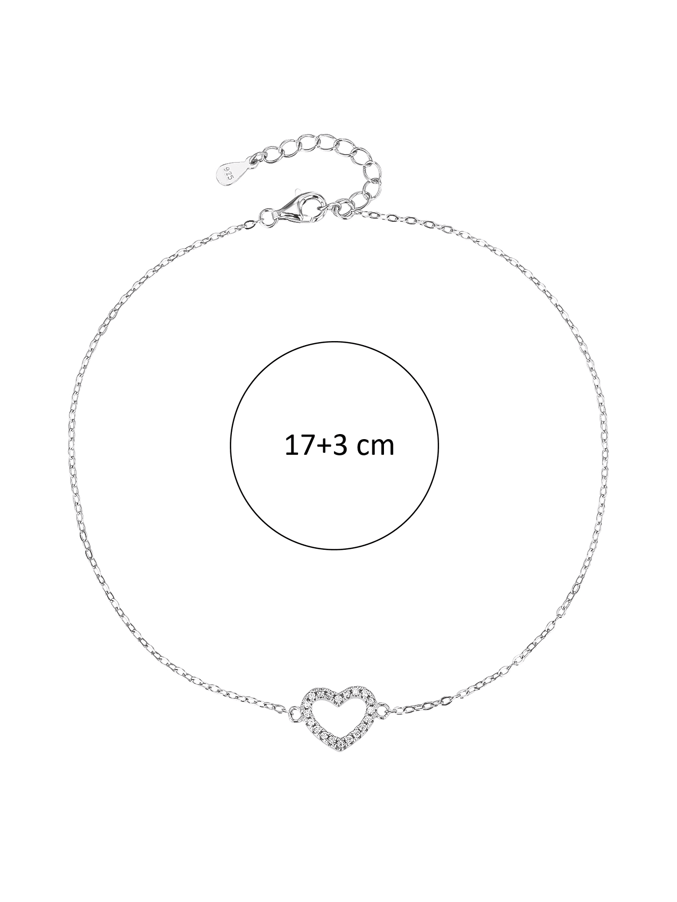 Zirconia stone bracelet with heart motif in hallmarked, rhodium-plated 925 sterling silver – dimensions view – DRESCHER Jewellery®