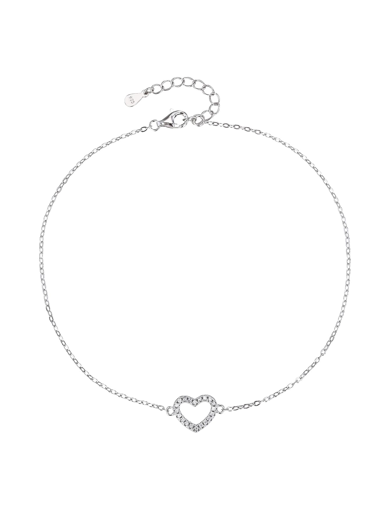 Zirconia stone bracelet with heart motif in hallmarked, rhodium-plated 925 sterling silver – alternate front view – DRESCHER Jewellery®