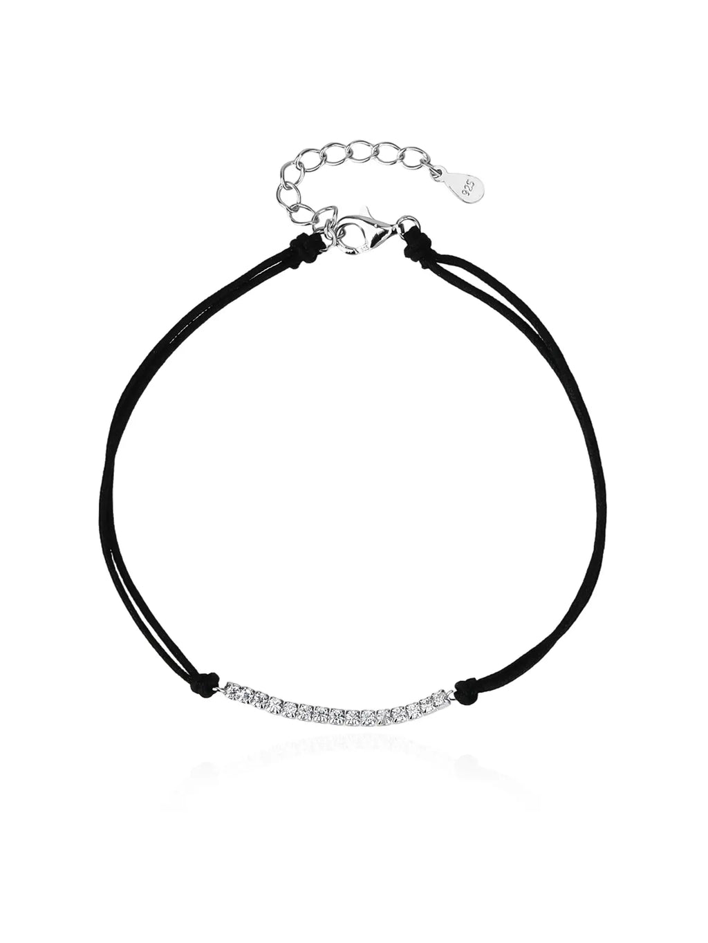 Tennis style zirconia bracelet with black cord - adjustable size (17 + 4 cm) with hallmarked, rhodium-plated 925 sterling silver motif – front view – DRESCHER Jewellery®