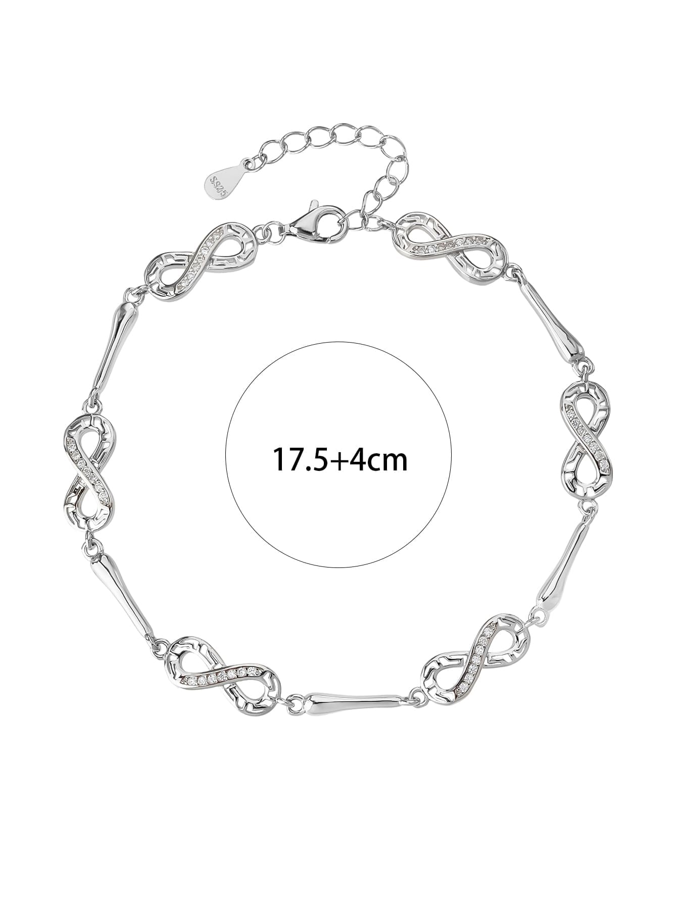 bracelet with infinity symbol and zirconia decoration in hallmarked, rhodium-plated 925 sterling silver – lifestyle view – DRESCHER Jewellery®