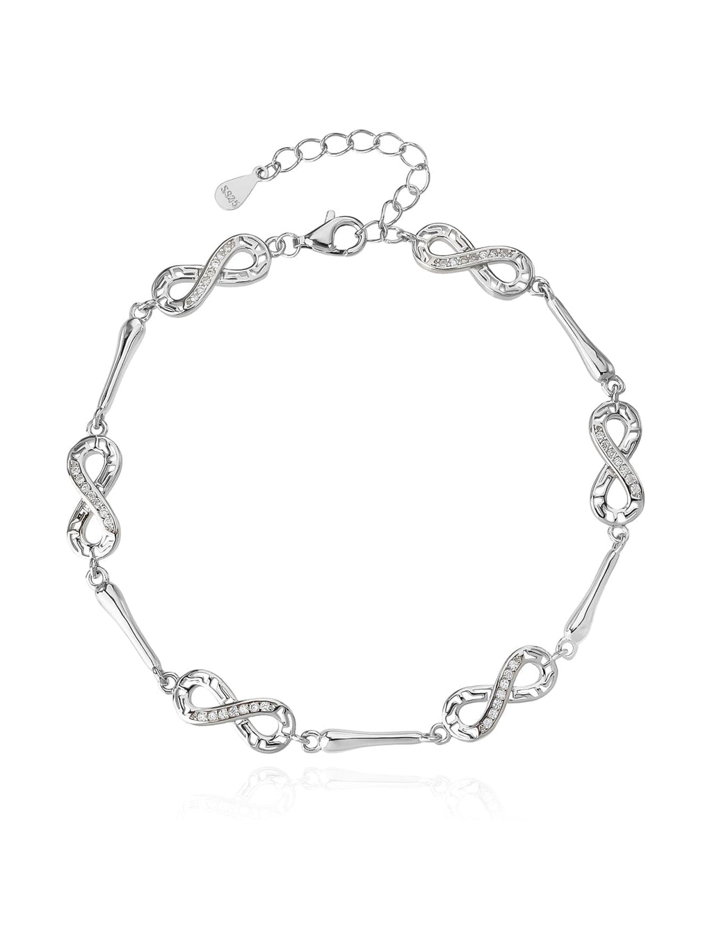 bracelet with infinity symbol and zirconia decoration in hallmarked, rhodium-plated 925 sterling silver – alternate front view – DRESCHER Jewellery®