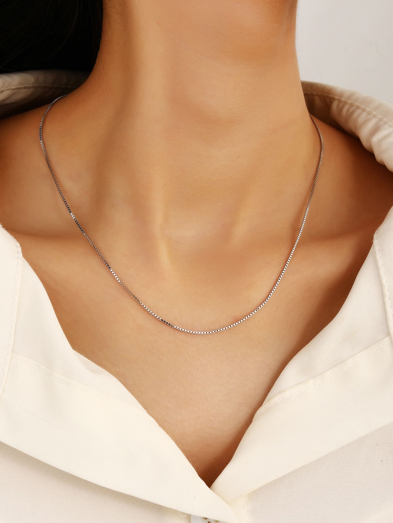 Thin cubic silver necklace (45 cm) in hallmarked, rhodium-plated 925 sterling silver – worn view – DRESCHER Jewellery®