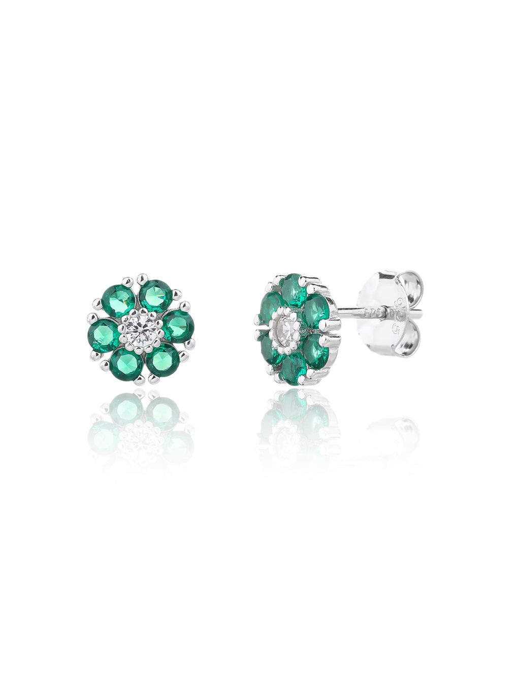 green flower stud earrings in hallmarked, rhodium-plated 925 sterling silver – front and side views – DRESCHER Jewellery®