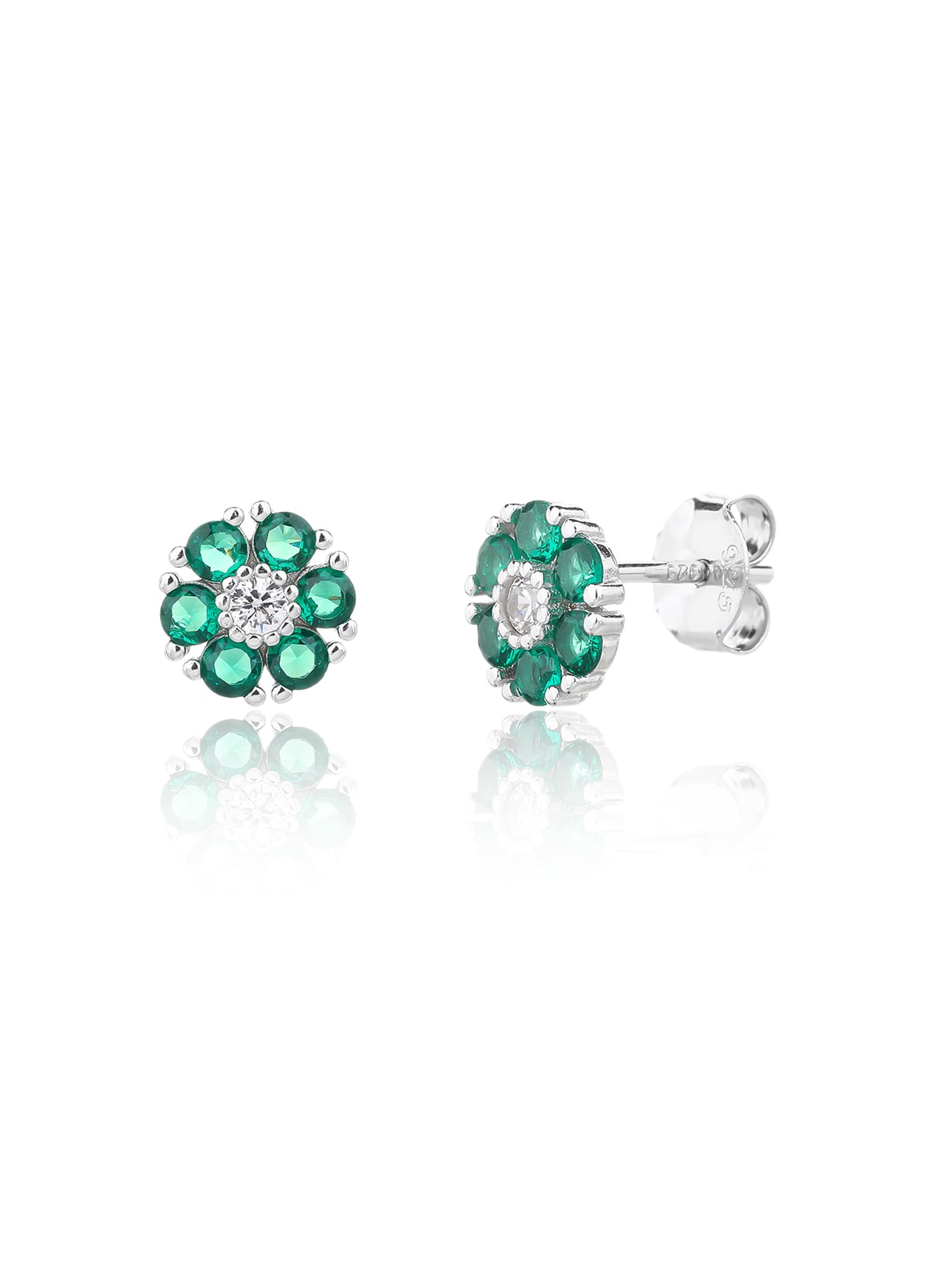 green flower stud earrings in hallmarked, rhodium-plated 925 sterling silver – front and side views – DRESCHER Jewellery®