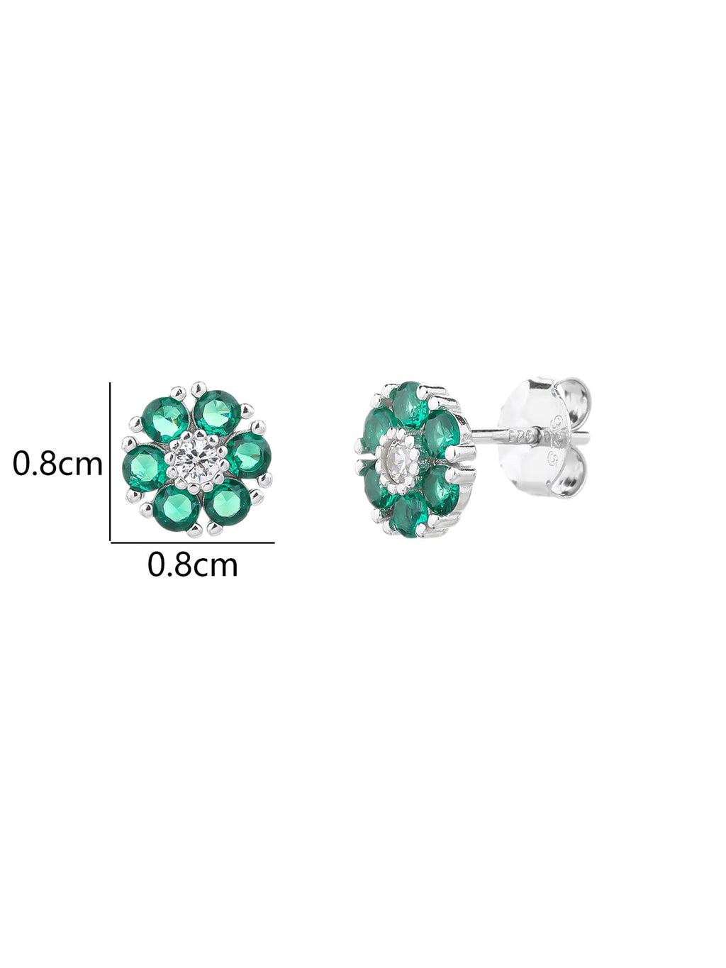 green flower stud earrings in hallmarked, rhodium-plated 925 sterling silver – dimensions – DRESCHER Jewellery®