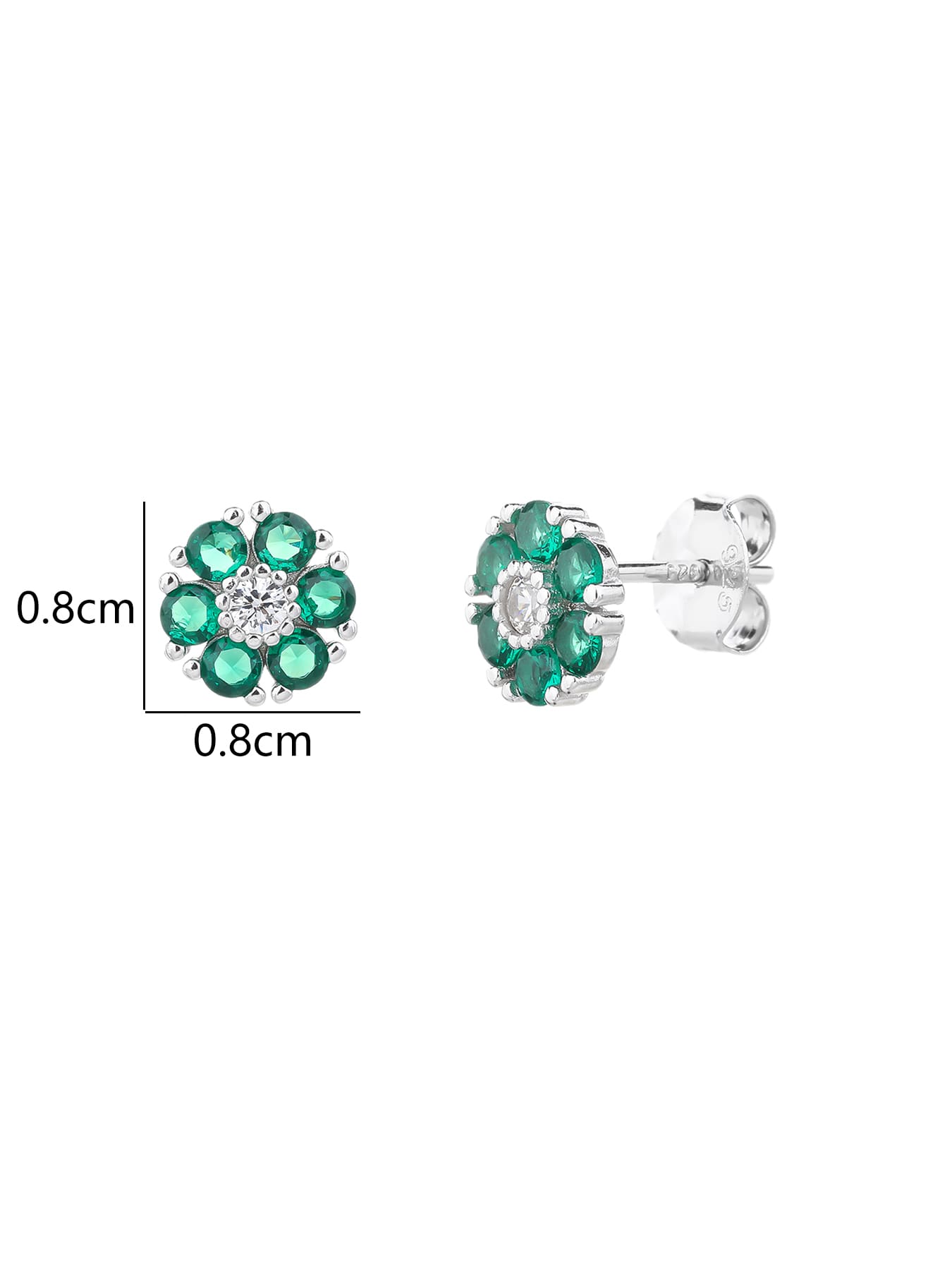 green flower stud earrings in hallmarked, rhodium-plated 925 sterling silver – dimensions – DRESCHER Jewellery®