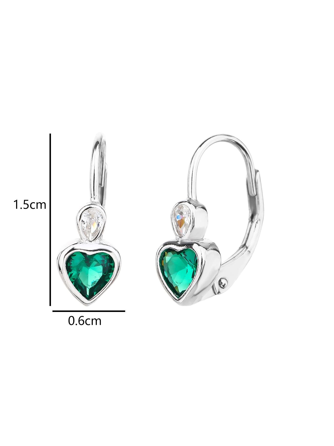 green heart-shaped cubic zirconia children’s earrings in hallmarked, rhodium-plated 925 sterling silver – dimensions – DRESCHER Jewellery®
