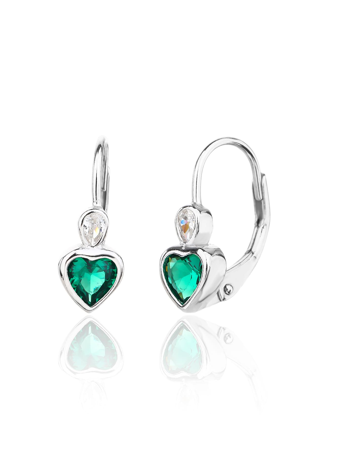 green heart-shaped cubic zirconia children’s earrings in hallmarked, rhodium-plated 925 sterling silver – front and side views – DRESCHER Jewellery®