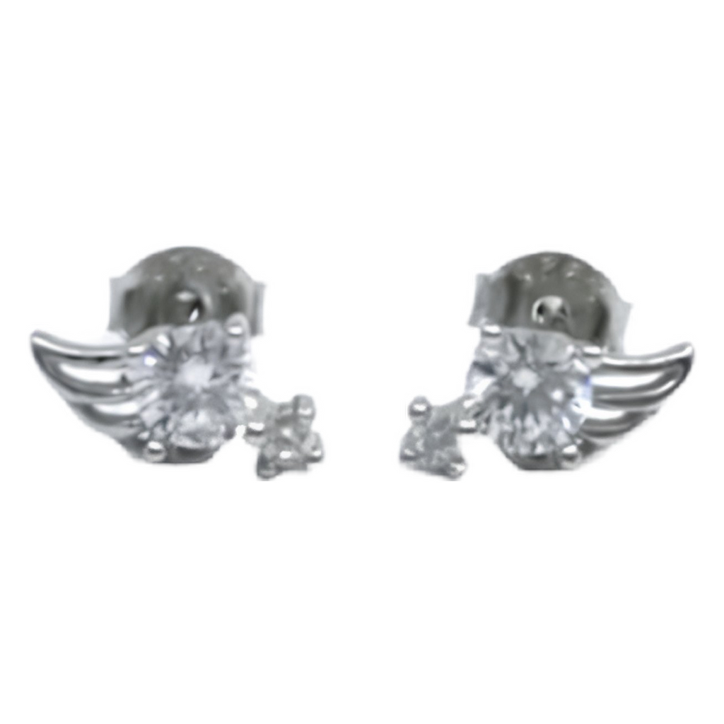 white stone angel wing earrings in hallmarked, rhodium-plated 925 sterling silver – front view – DRESCHER Jewellery®