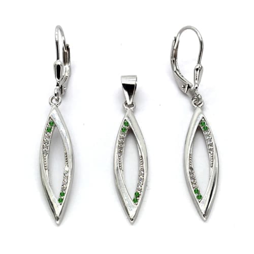 Elegant navette with white-green stones set in hallmarked, rhodium-plated 925 sterling silver – alternate front view – DRESCHER Jewellery®