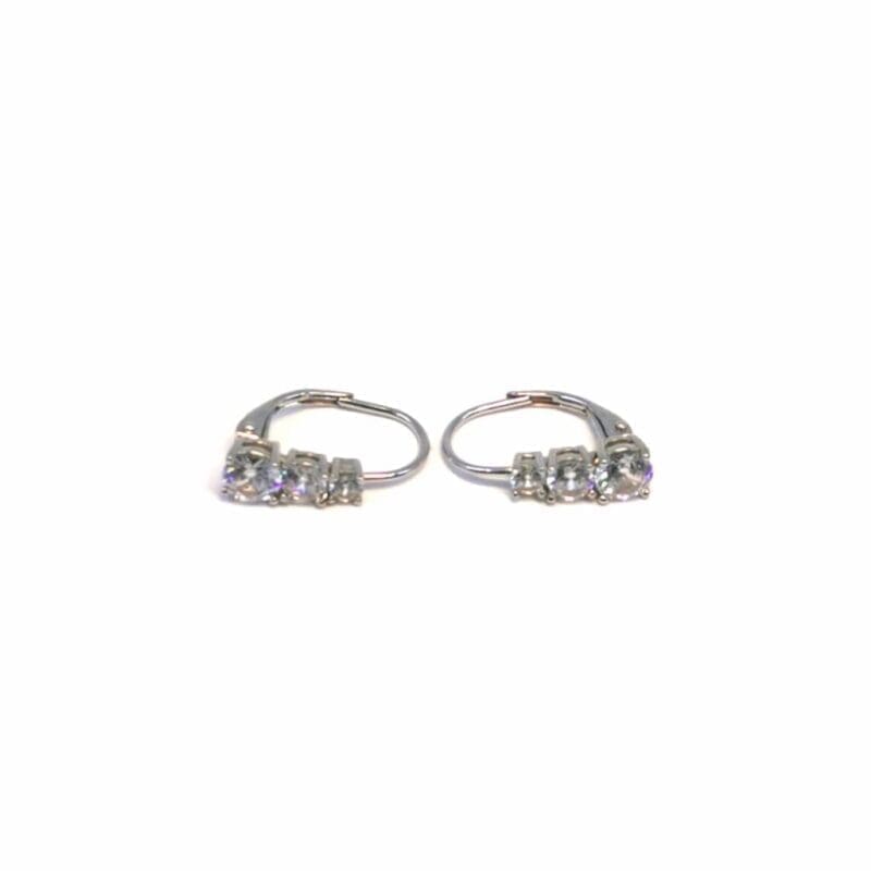 Three-stone white patent-clasp earrings in hallmarked, rhodium-plated 925 sterling silver – front view – DRESCHER Jewellery®