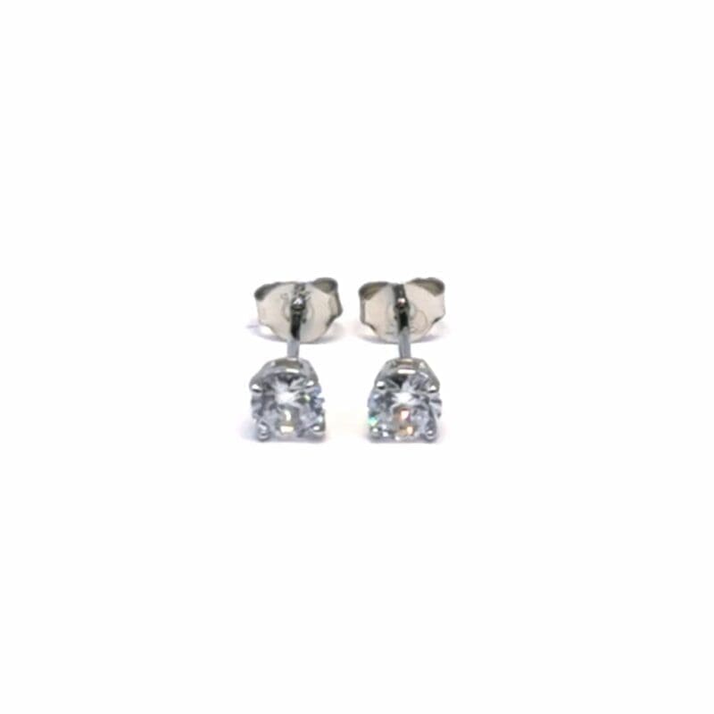 White stone four-prong stud earrings in hallmarked, rhodium-plated 925 sterling silver – pair view – DRESCHER Jewellery®