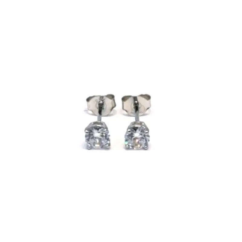 White stone four-prong stud earrings in hallmarked, rhodium-plated 925 sterling silver – pair view – DRESCHER Jewellery®