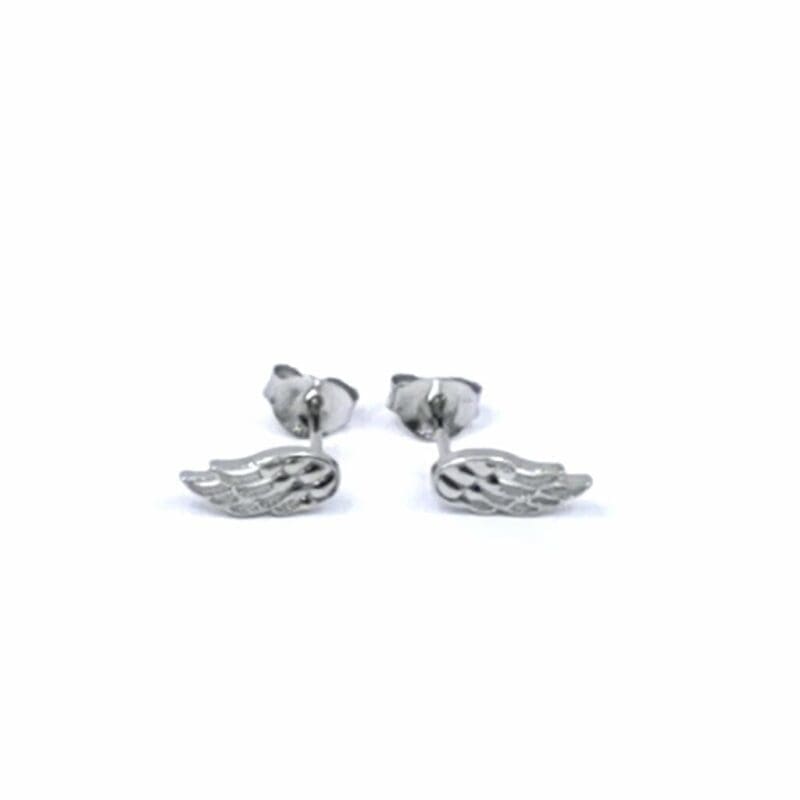 Angel wing stud earrings in hallmarked, rhodium-plated 925 sterling silver – front view – DRESCHER Jewellery®