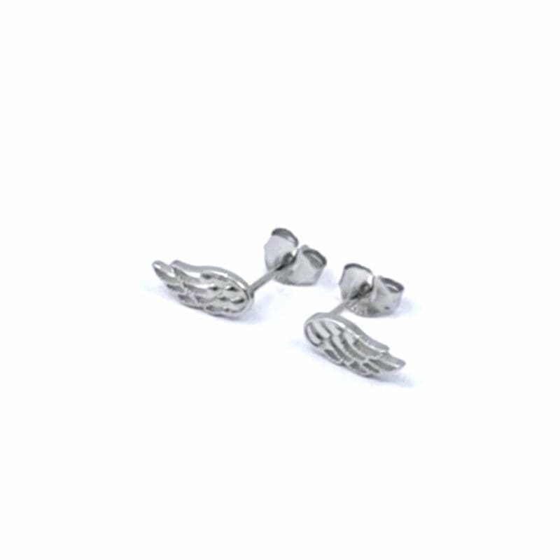 Angel wing stud earrings in hallmarked, rhodium-plated 925 sterling silver – angled view – DRESCHER Jewellery®
