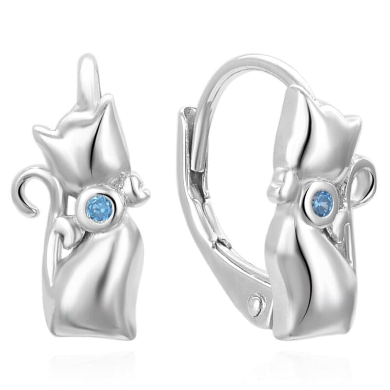 Blue stone kitten-shaped leverback earrings in hallmarked, rhodium-plated 925 sterling silver – front and side views – DRESCHER Jewellery®
