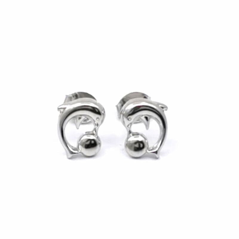 Dolphin stud earrings in hallmarked, rhodium-plated 925 sterling silver – front view – DRESCHER Jewellery®