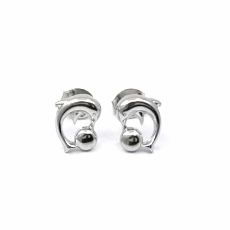 Dolphin stud earrings in hallmarked, rhodium-plated 925 sterling silver – front view – DRESCHER Jewellery®