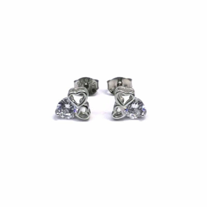 Double-heart white cubic zirconia stud earrings in hallmarked, rhodium-plated 925 sterling silver – front view – DRESCHER Jewellery®