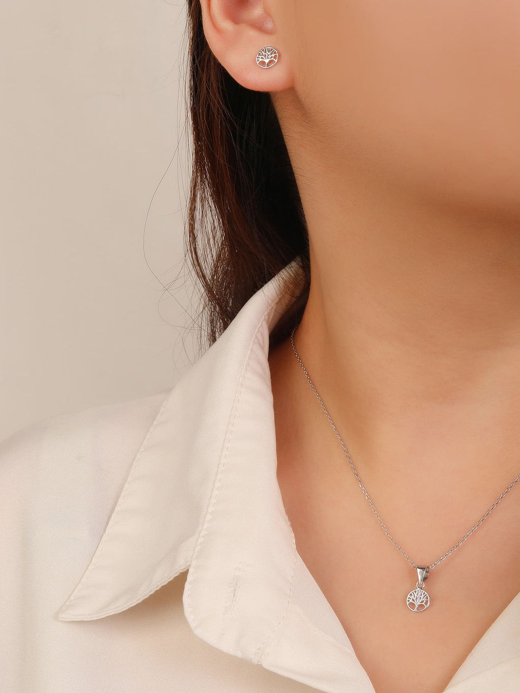 Tree of Life pendant and earring set (without chain) in hallmarked, rhodium-plated 925 sterling silver – worn view – DRESCHER Jewellery®