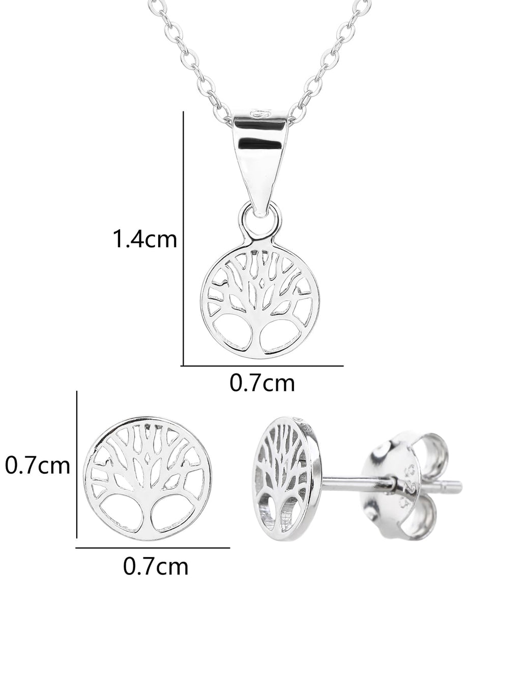 Tree of Life pendant and earring set (without chain) in hallmarked, rhodium-plated 925 sterling silver – dimensions view – DRESCHER Jewellery®