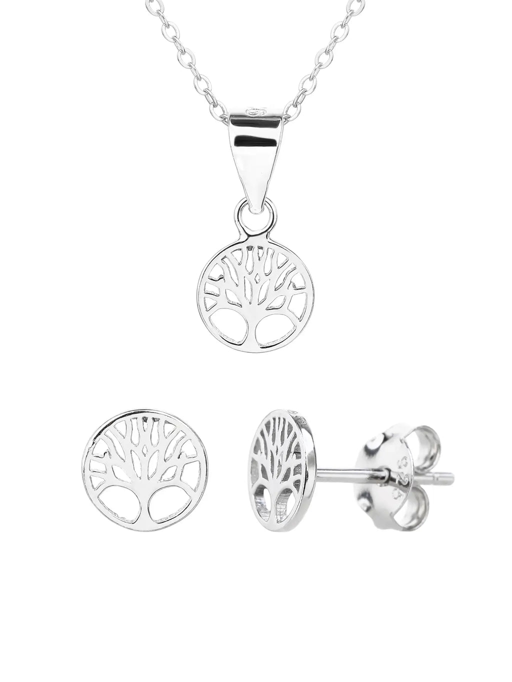 Tree of Life pendant and earring set (without chain) in hallmarked, rhodium-plated 925 sterling silver – front set view – DRESCHER Jewellery®