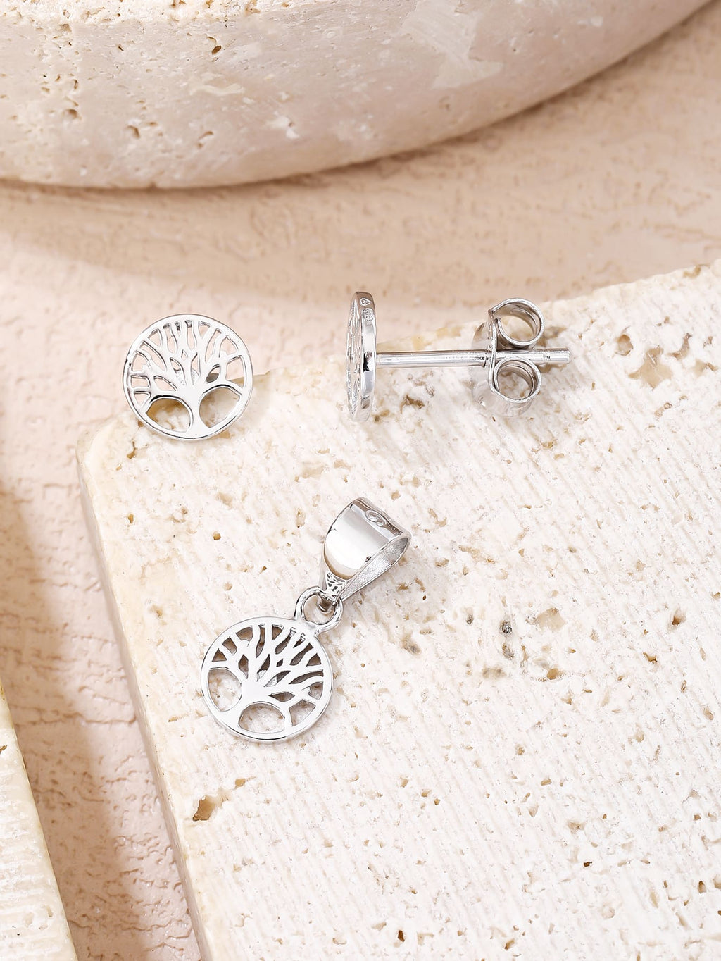 Tree of Life pendant and earring set (without chain) in hallmarked, rhodium-plated 925 sterling silver – display view – DRESCHER Jewellery®