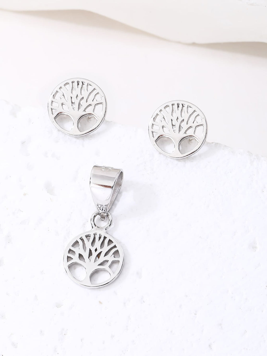Tree of Life pendant and earring set (without chain) in hallmarked, rhodium-plated 925 sterling silver – lifestyle view – DRESCHER Jewellery®