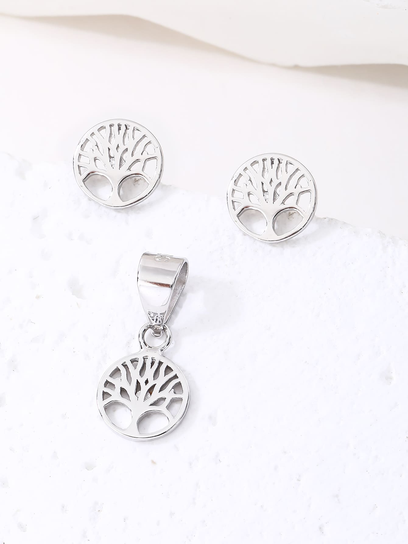 Tree of Life pendant and earring set (without chain) in hallmarked, rhodium-plated 925 sterling silver – lifestyle view – DRESCHER Jewellery®