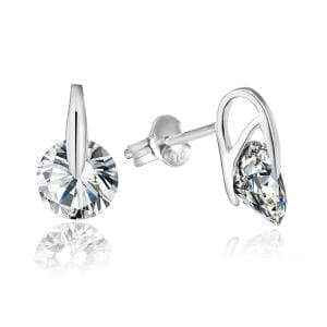 Round white cubic zirconia solitaire stud earrings in hallmarked, rhodium-plated 925 sterling silver – front and side views – DRESCHER Jewellery®