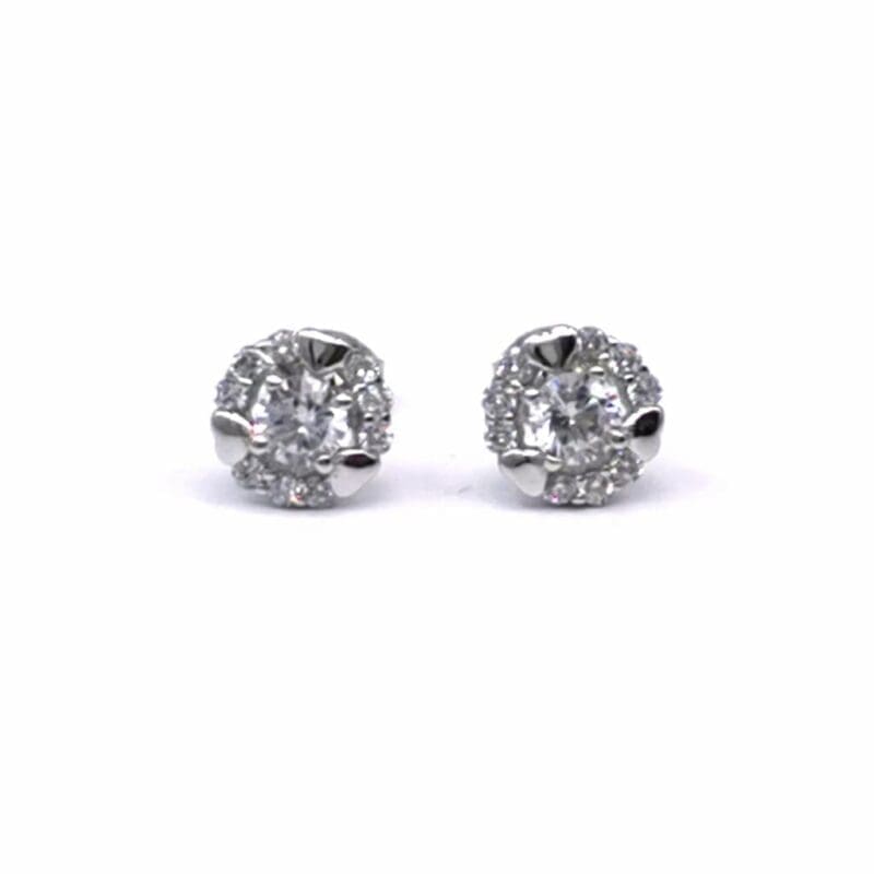 Round halo white stone stud earrings in hallmarked, rhodium-plated 925 sterling silver – front view – DRESCHER Jewellery®