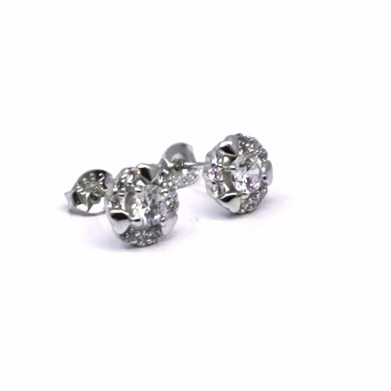 Round halo white stone stud earrings in hallmarked, rhodium-plated 925 sterling silver – back view – DRESCHER Jewellery®