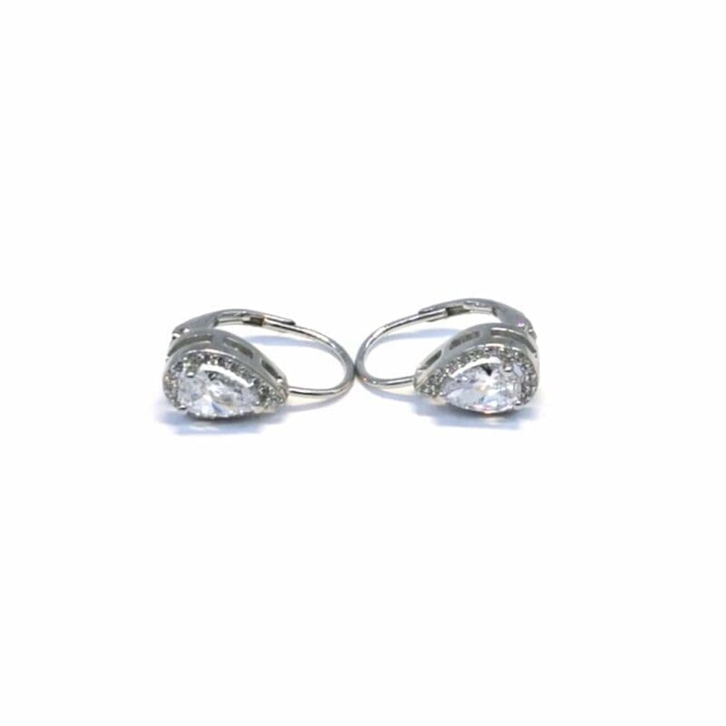 White teardrop stone patent-clasp earrings in hallmarked, rhodium-plated 925 sterling silver – front view – DRESCHER Jewellery®
