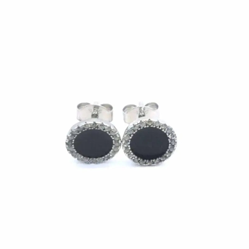 Black-and-white stone stud earrings in hallmarked, rhodium-plated 925 sterling silver – front view – DRESCHER Jewellery®