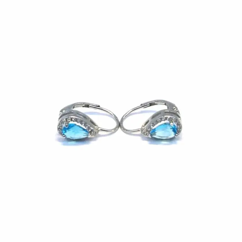 Light blue teardrop and white stone leverback earrings in hallmarked, rhodium-plated 925 sterling silver – front and side views – DRESCHER Jewellery®
