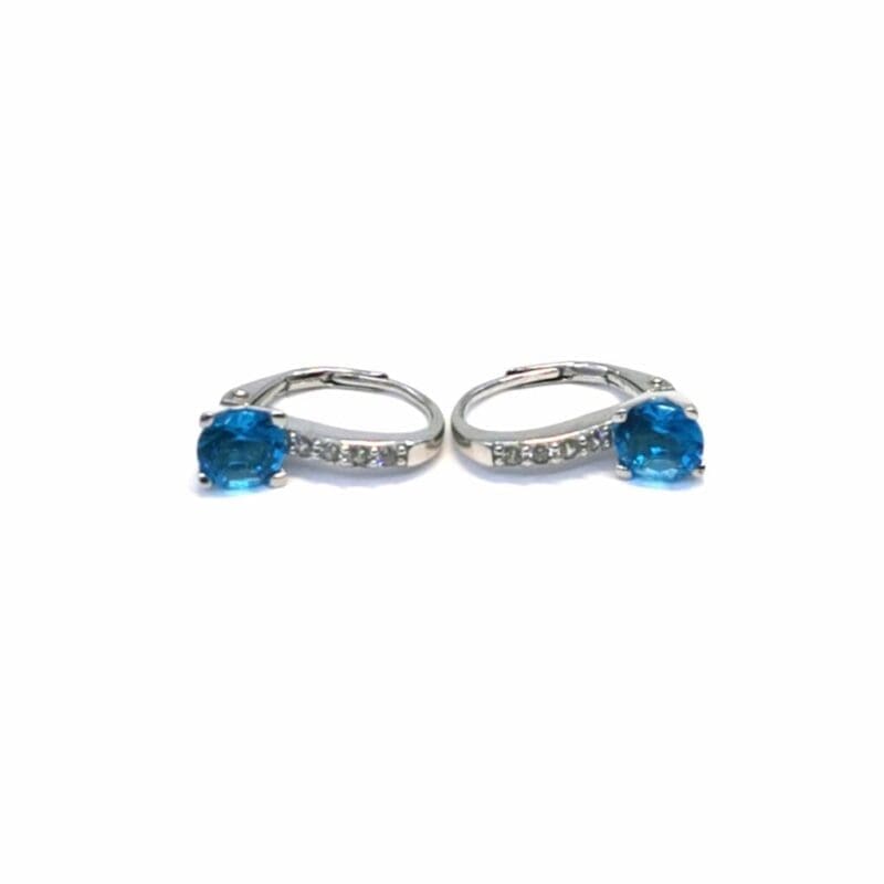 Blue-and-white stone patent-clasp earrings in hallmarked, rhodium-plated 925 sterling silver – front view – DRESCHER Jewellery®